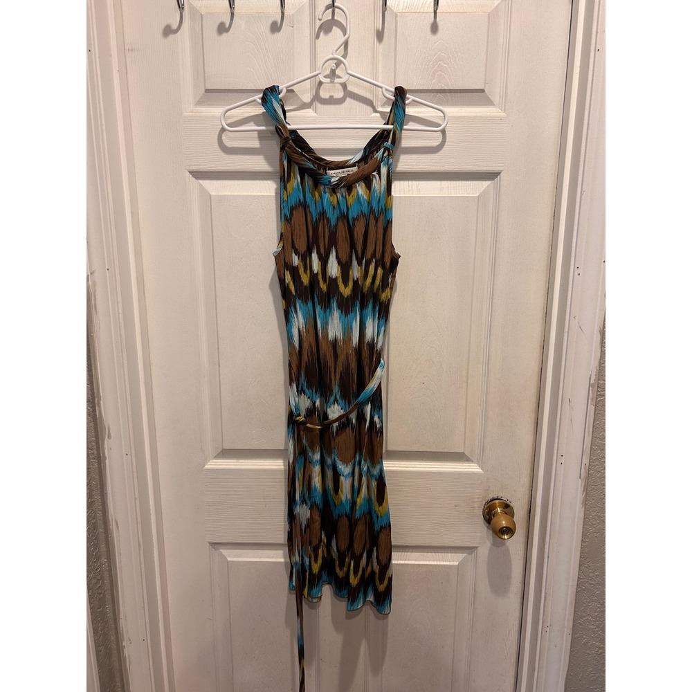 Banana Republic Womens Large 100% Silk Ikat Print Sleeveless Belted Dress Brown